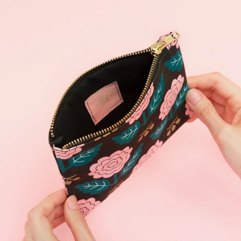 Anthropologie-Black and Pink Floral Cotton Pouch